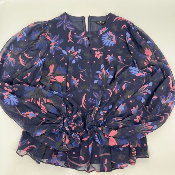 Ted Baker Stephanie Floral Print Blouse Size 4 Keyhole Detail Sheer Long Sleeve - Picture 3 of 16